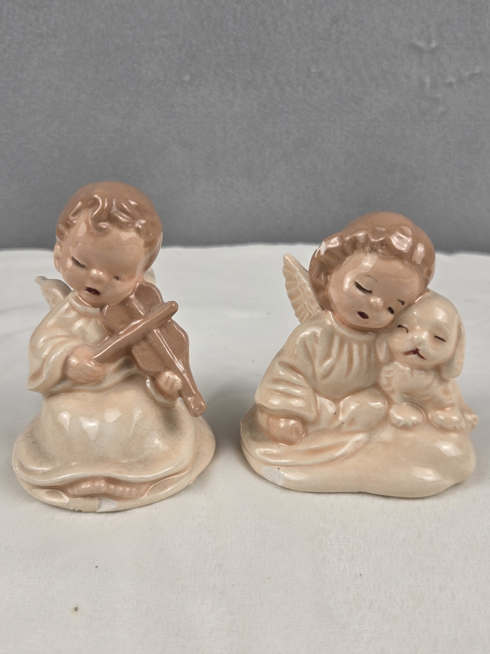 Vintage Ceramic Angel Figurine Pair Violin & Puppy Retro Decor